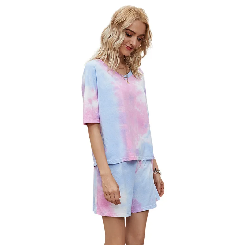 

New Blue Pink Tie-Dye Women's Short Sleeved T-shirt Casual Blouse Short Sets