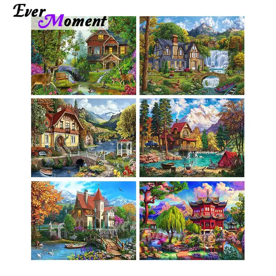 

3D-картина с алмазным рисунком, пейзаж, дом, Lakeside, вилла, бусины, вышивка, картины для интерьера, домашний декор, художественное ремесло 4Y2116