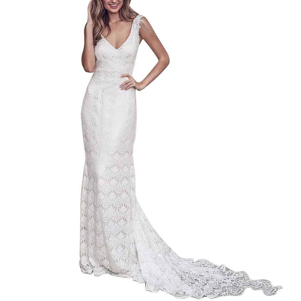 Женское кружевное платье с открытой спиной длинное пляжное V образным вырезом для свадьбы и вечеринки