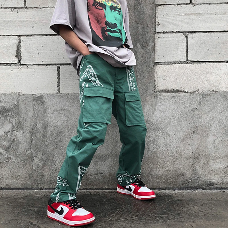 

Harajuku Cashew Flower Print Pockets Overalls Mens and Women High Street Straight Loose Cargo Pants Oversize Casual Trousers