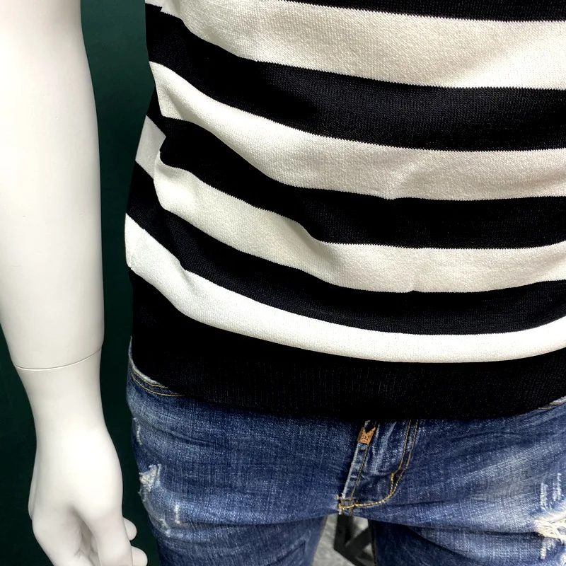 

Men Knitting Short Sleeve T Shirt Fashion Slim Striped Summer Tops High Street Mixed Colors O-Neck Pullover Thin T Shirt 4XL