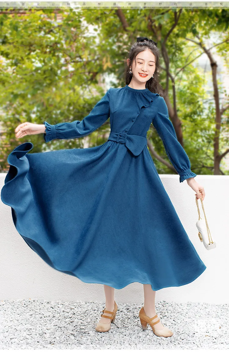 

Free Shipping 2022 New Boshow Autumn Spring Long Mid-Calf Full Lantern Sleeve Dress With Belt Big Hem Vintage S-XL Blue O-Neck