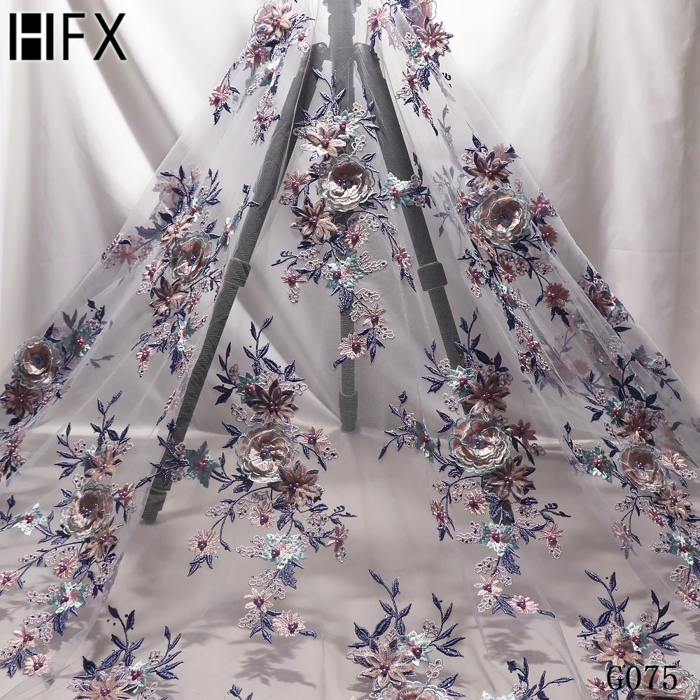HFX африканская вышитая бисером кружевная ткань ручной работы 3d цветок Французский Тюль Чистая кружевная Свадебная кружевная ткань dentelle tissu 5 ярдов/лот G075