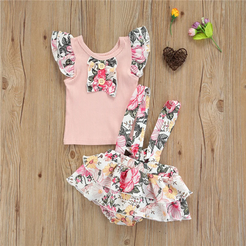 

2 Pieces Kids Suit Set, Flower Print Round Collar Fly Sleeve Pullover+ Suspender Shorts for Summer, 0-18 Months