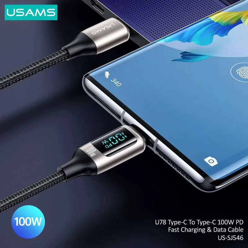 USAMS Светодиодный кабель дисплея 100W 6A PD QC Быстрая зарядка USB A C К типу Телефонный