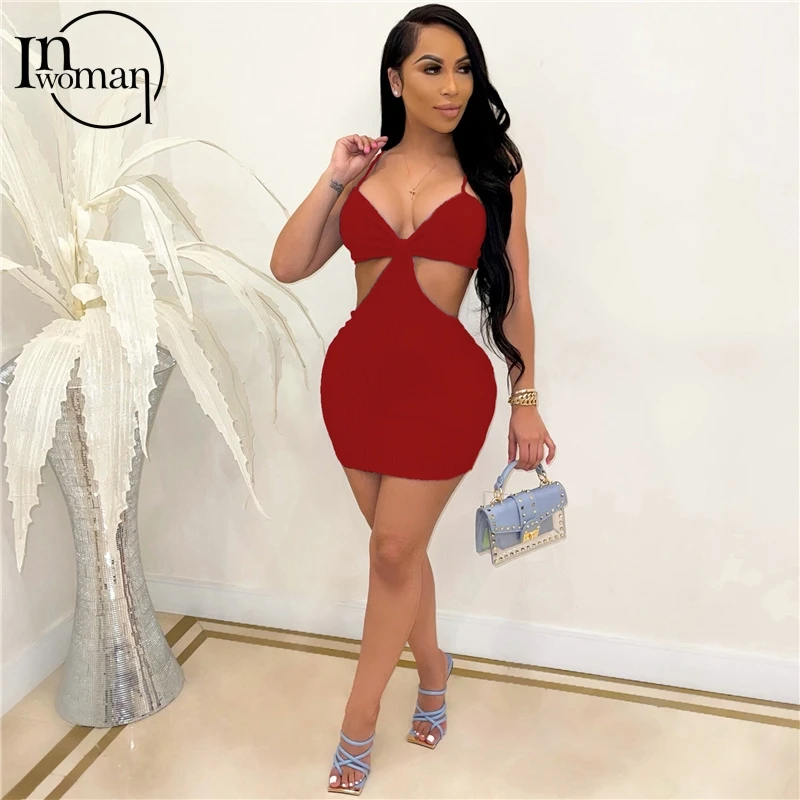 

Inwoman Sexy Club 2021 Summer Mini Lace Up Hollow Out Women Sleeveless Backless V Neck Black Short Party Bodycon Ladies Dresses