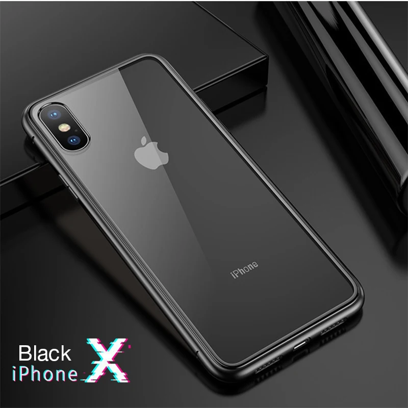 Магнитный адсорбционный металлический чехол на iPhone X XR XS MAX защитный чехол для iPhone 6 6s 7 8 Plus чехол из закаленного стекла - Цвет: Black