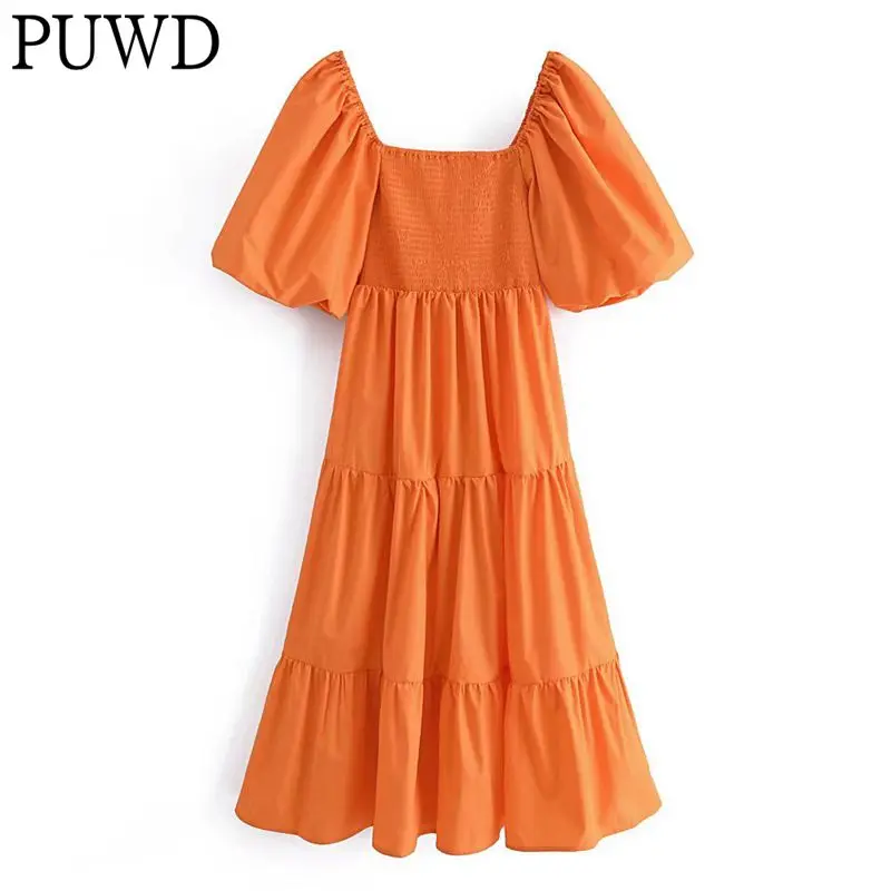 

Элегантное женское платье-миди PUWD с пузырьковым рукавом, весна 2022, модные женские оранжевые однотонные свободные платья со складками, женск...