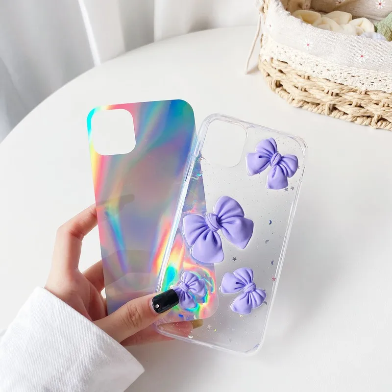 

Bows Clear 3D Aurora Glitter Bling Soft TPU Phone Case for iPhone 11 12 Pro Max Mini XR XS X 7 8 Plus Girl Woman Silicone Cover