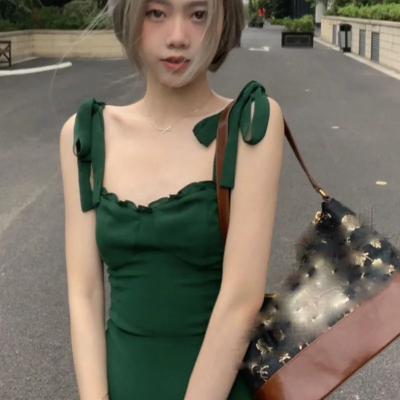 

2021Korean Sweet Sexy Party Elegant Mini Dresse Women Green Beach Strap Dress Boho Summer Ruffle Slim Designer Casual Clothing