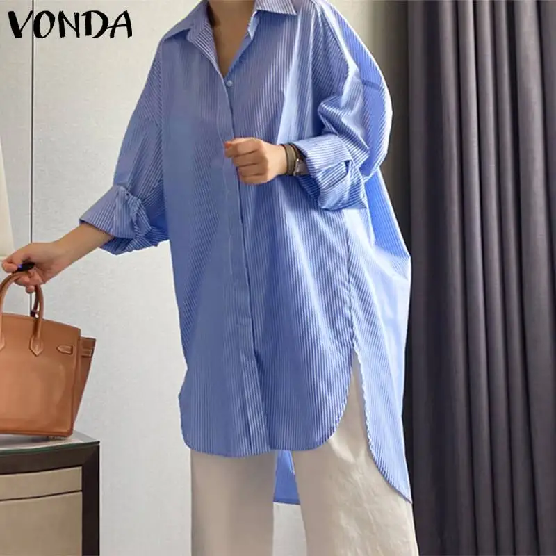 

VONDA Women Casual Baggy Shirts Femme Clothing Blusas Tops Oversized Long Sleeve Striped Chemise Shirts Lapel Button Long Blouse
