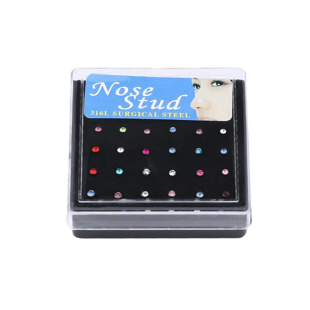 

24pcs/box Stainless Steel Rhinestone White Colorful Piercing Nose Studs Straight Pins Bars Piercing Body Jewelry