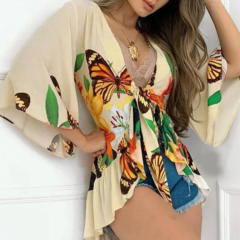 

Women's Blouses V-Neck Irregular All Over Butterfly Print Flare Sleeve Waist Trimming Retro Female Shirts Lace Up Blouses Tops