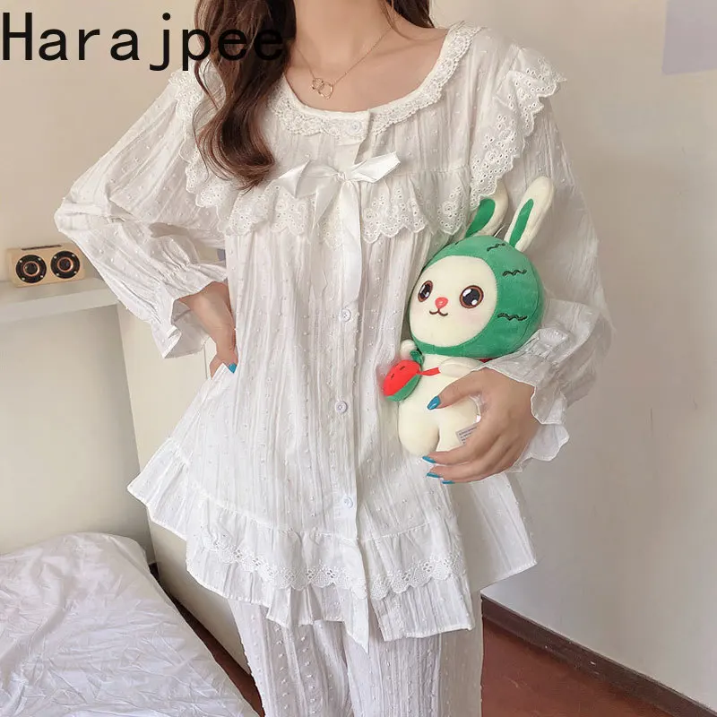 

Harajpee Women Pajama 2021 Spring Autumn French Sweet Temperament Palace Princess Style Loose Jacquard Lace Fairy Home Wear Suit