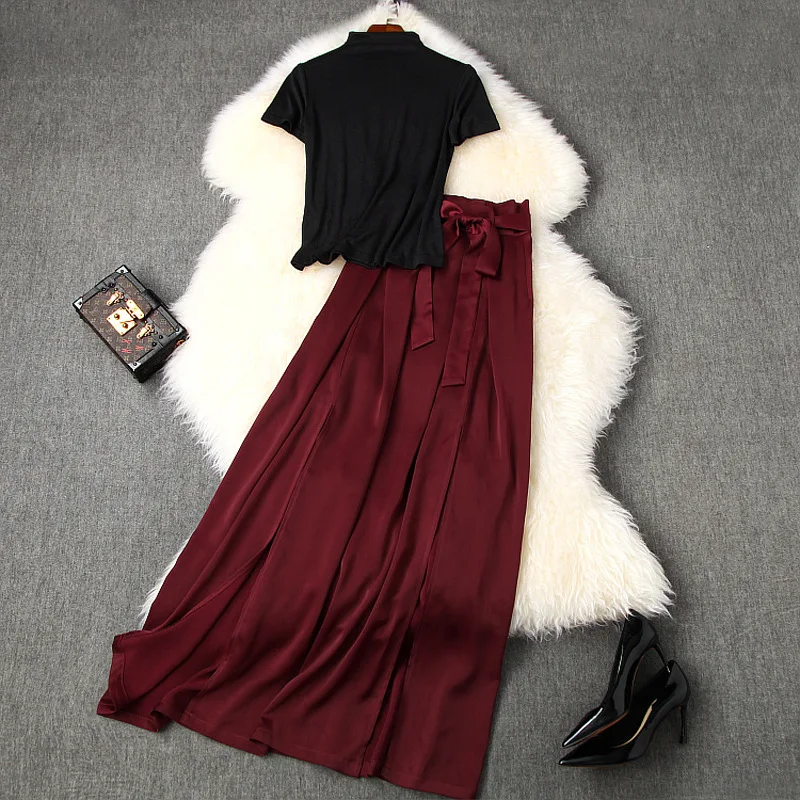 Женский винтажный комплект из двух предметов черный трикотажный топ и длинная