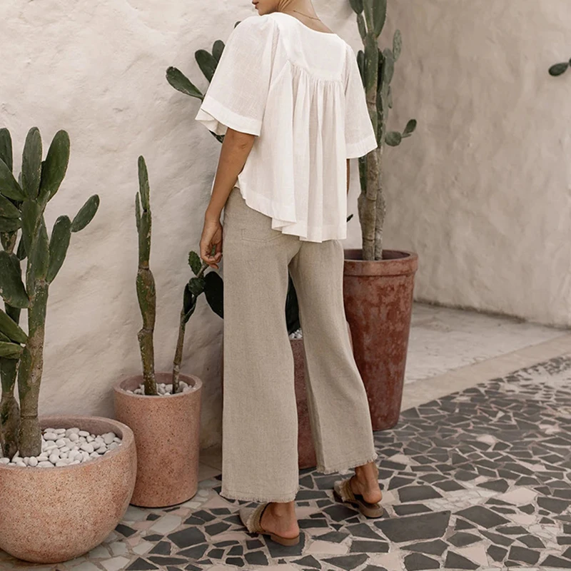 

ONEINALL White Elegant Shirts For Female V Neck Short Sleeve Solid Ruched Loose Minimalist Style Women's Blouses 2021 Summer New