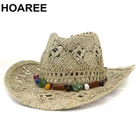 hoaree cowboy hat summer straw womens hats handmade sun hat for men cowgirl false gem decoration casual beach cap panama