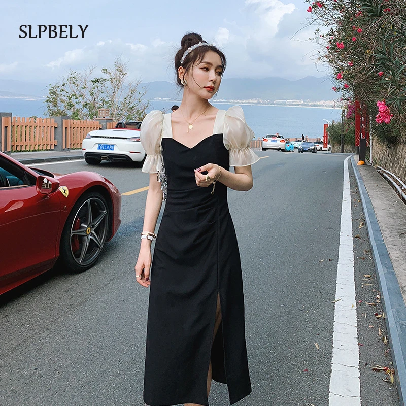 

SLPBELY Black Elegant Slit Dress Summer French Hepburn Square Collar Puff Sleeve Long Dress Fashion Sundress Party Mini Dress