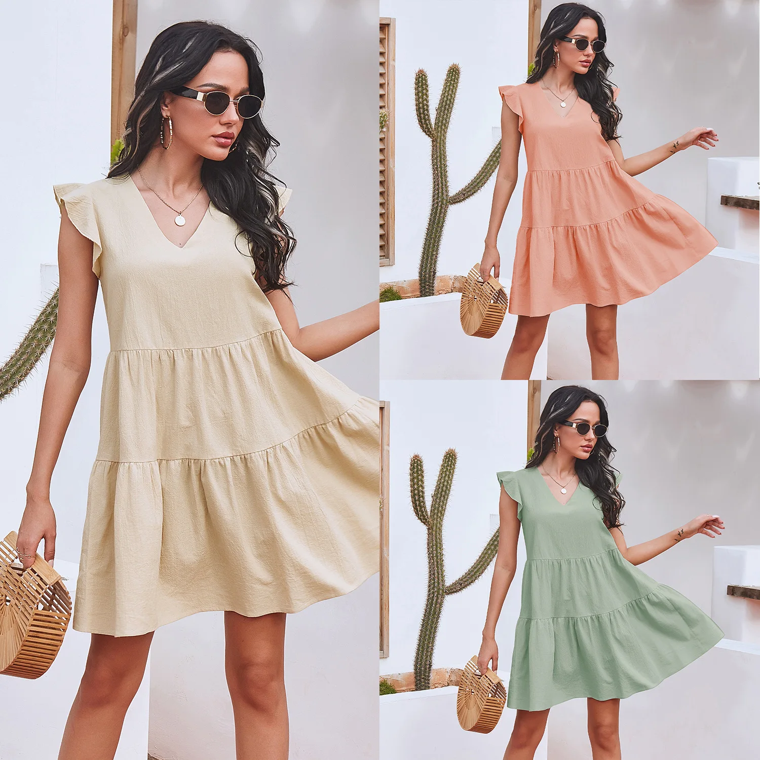 

Summer Dress Women 2021 Fashion V Neck Ruffles Sleeve High Waist Casual Dress Solid Loose Short Mini Dresses