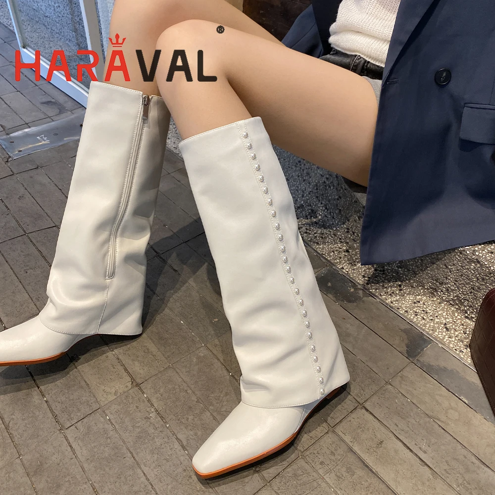 

HARAVAL Women Knee-High Heels Boots Modern Boots Shoes Black White Genuine Leather ELEGANT Autumn Winter Female Boots E501L