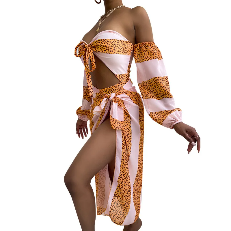 Women Sexy Tie-dye Beach Bikinis Set Summer Female Long Sleeve Dot Striped Print Onesuit and Skirt 2 Piece Sets Swimming Suit
