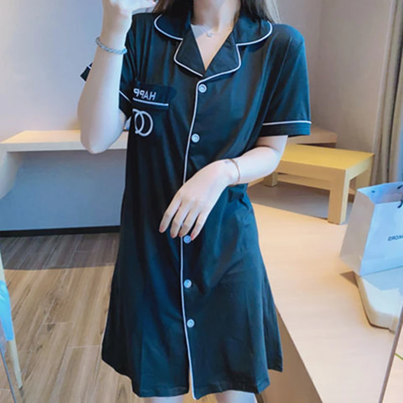 

2021 New Spring Sleepwear Sexy Sweet Women's Pajamas Turn-Down Collar Short Sleeve Summer Mini Night Dress Medium Length Shirt