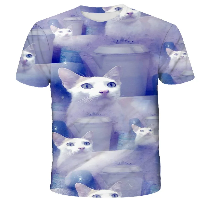 

Summer 2021 Cartoon Print Cat Animal Top T-Shirt Children's Casual Clothing Polyester T-Shirt Children's 4-14 Years Old T-Shirt