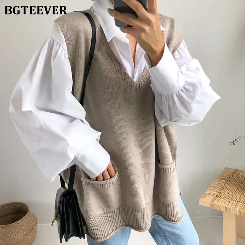 

Винтажный Трикотажный жилет BGTEEVER без рукавов с V-образным вырезом, Женский Пуловер С Боковым Разрезом на осень и зиму, свитеры 2020, женская тр...