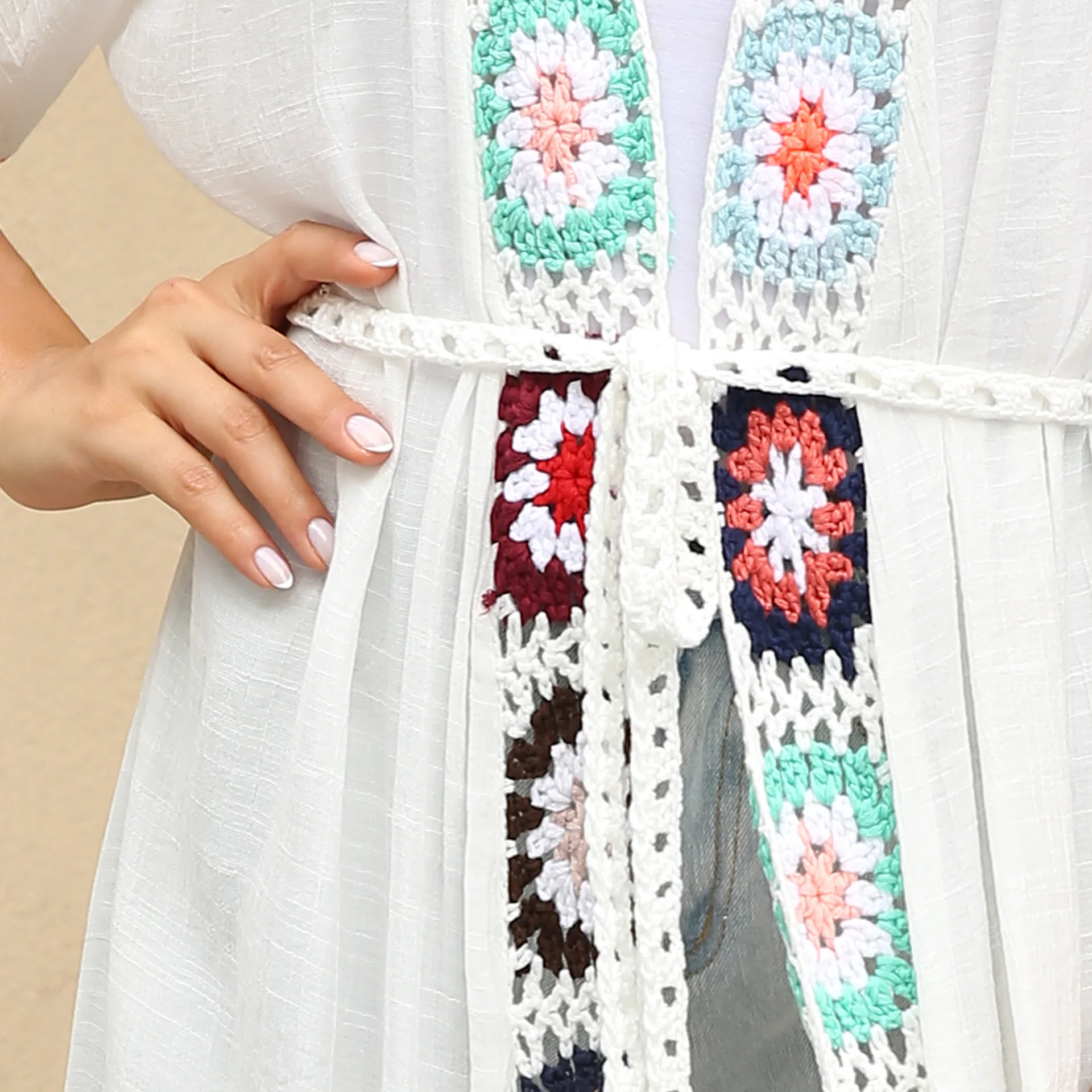 

Sexy Women Short Sleeve Beach Sunscreen Cardigan Female Crochet Patchwork Swimsuit Cover Up Summer Bathing Suit Long Dress