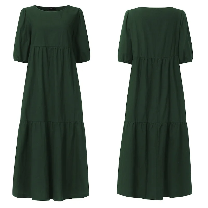 

summer women's dress 2021 blue short sleeve bohemia dress casual solid o-Neck mid party dress elegant ruffles sundress robe 5xl