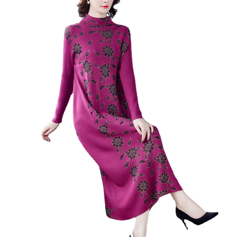 

2021 Autumn Winter Casual Women Elegant Long Sweaters Vintage Blue Knit Turtleneck Wool Sweater Dress