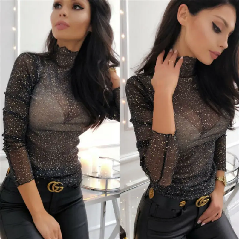 Сексуальная Женская сетчатая прозрачная позолоченная рубашка водолазка Топ с