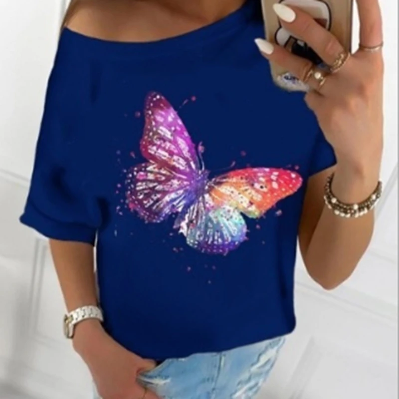 

Butterfly Flowers Printing T-shirts Women Summer Clothes Tops For Girls Vogue Woman T Shirts Graphic Round Neck Camisetas Mujer