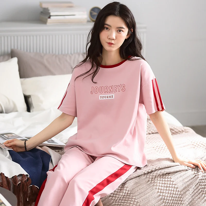 

Тонкая крутая уличная Домашняя одежда, пижамный комплект, Женская милая розовая пижама с буквенным принтом и коротким рукавом в Корейском с...