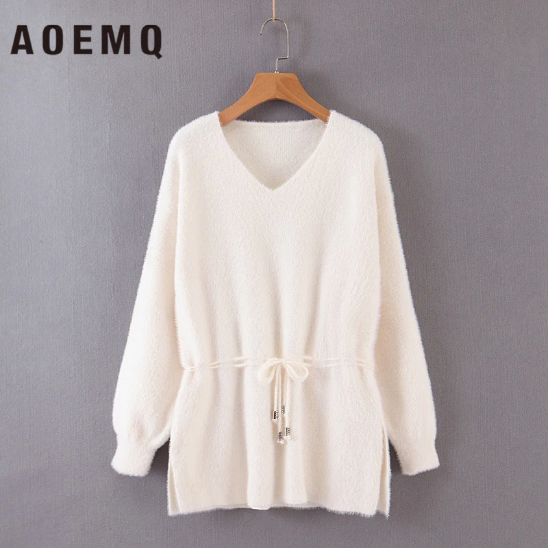 AOEMQ Winter Vintage Classic Sweaters Pullovers Christmas Lantern Sleeve 4 Colors Solid Fluff Warm Soft Women | Женская одежда
