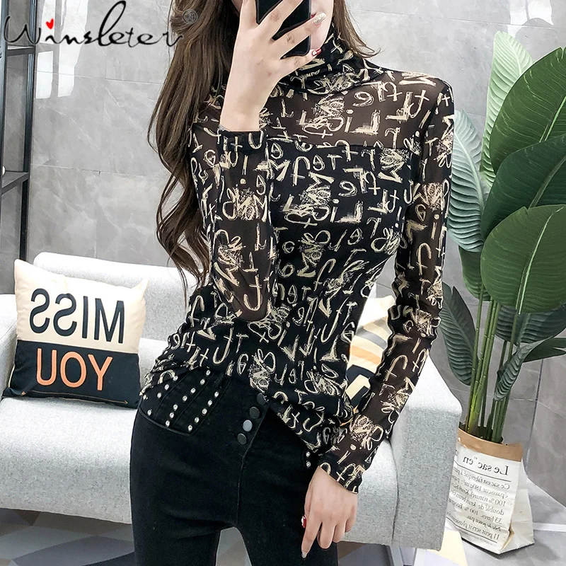 

Spring Summer Korean Style T-Shirt Girls Fashion Sexy Mesh Print Letter Graffiti Women Tops Long Sleeve Slim Tees 2021 T12801A