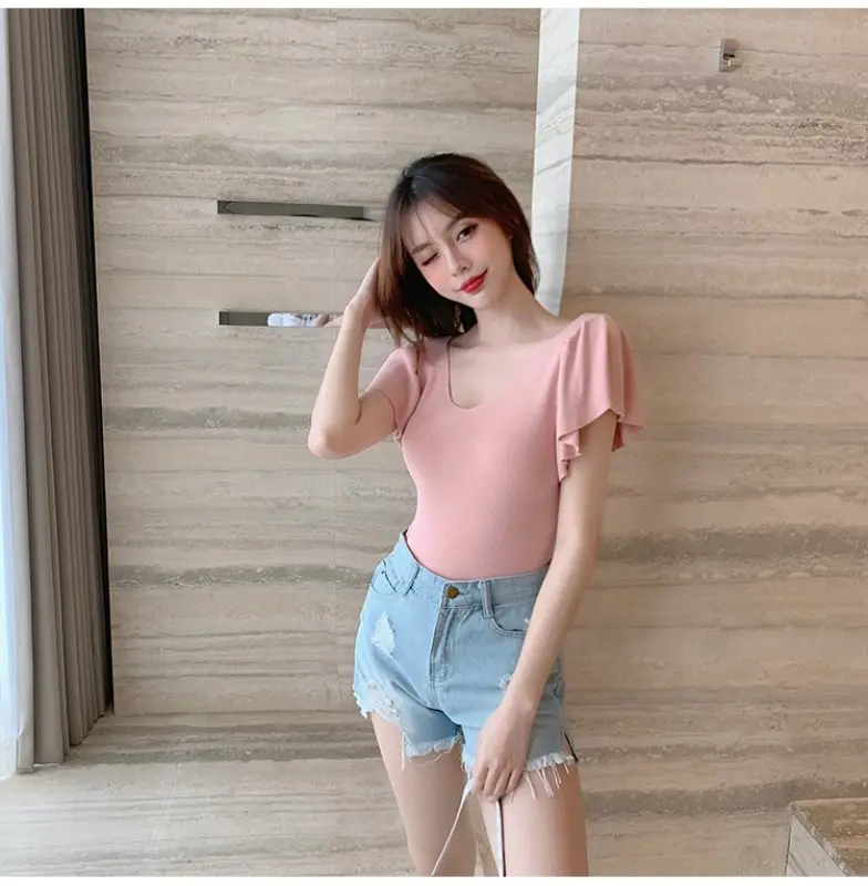 

Women V Neck T Shirts Summer Butterfly Sleeve Solid Color Tops Slim Casual Knitted Short Sleeve Fashion T Shirt New