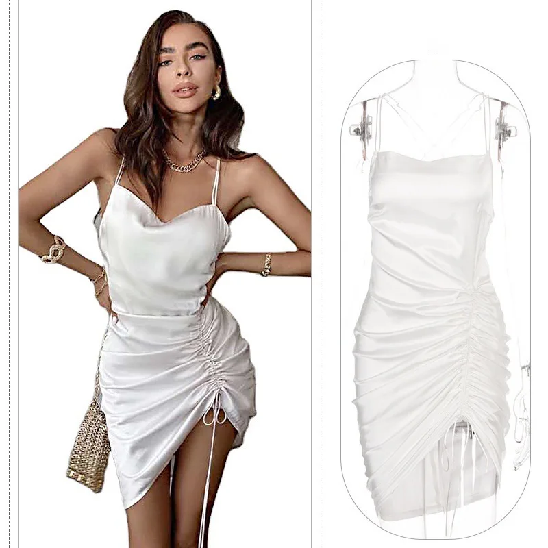 

Donsignet Fashion Women's Dress Summer Casual V-neck Pullover Solid Color Sexy Halter Strap Pleated Dress Mini Dress