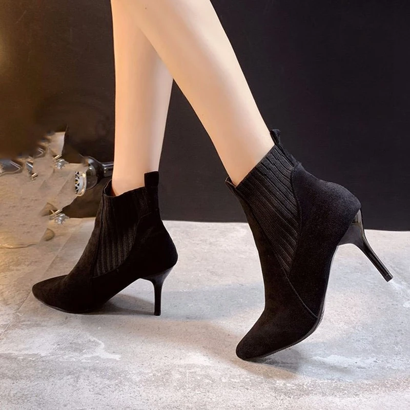 

Women‘s Flock Ankle Boots 2021 Autumn Winter Woman Elegant Chelsea Boots Ladies Solid Outdoor Shoes Female Thin Heels Pumps