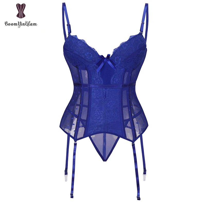 Transparent Women's Sexy Lingerie Mesh Bustier Corset Girdle Eyelash Lace Bodysuit Lingerie Set