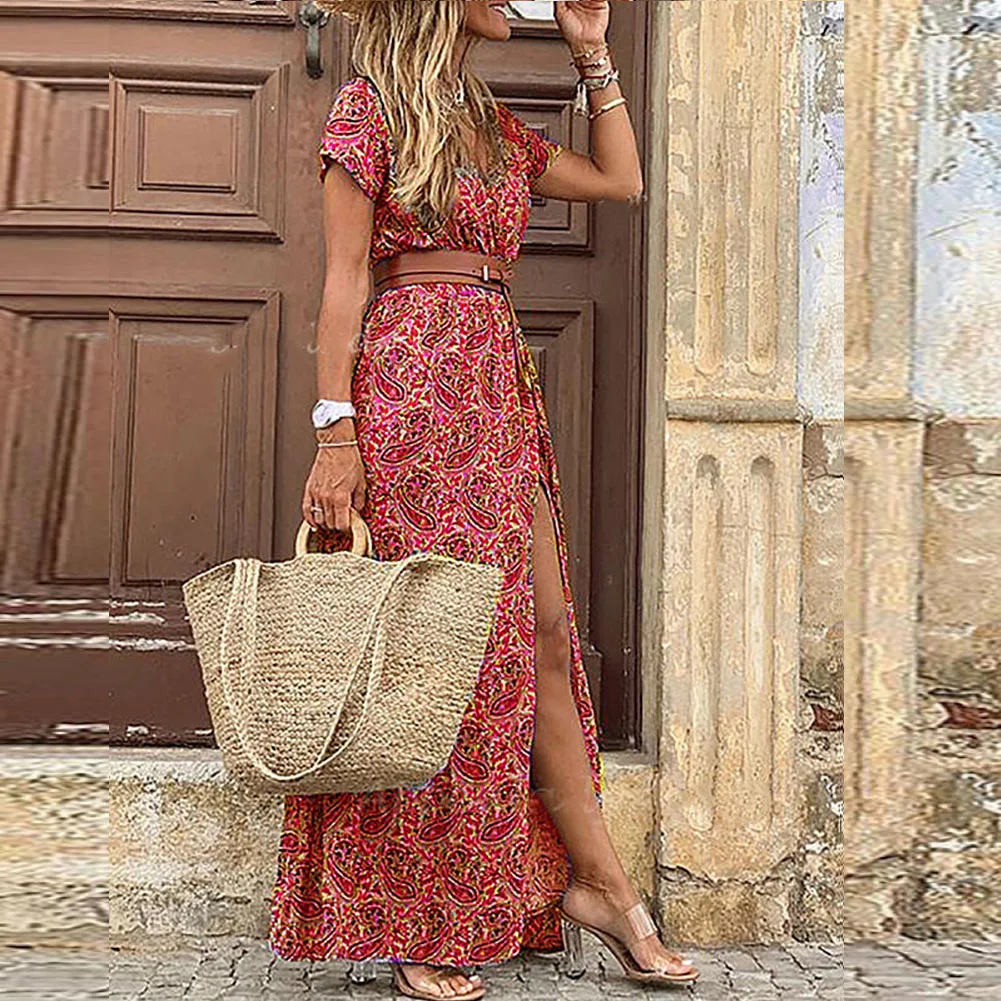 

Women Boho Long Dress Autumn Casual Paisley Print Long Sleeve Maxi Dresses Elegant V Neck Belted Femme Sundress Robe Dress
