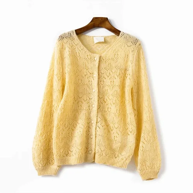

Women Sweater 2021 New French Lazy Style Exquisite Hollow Crochet Mohair Cardigan