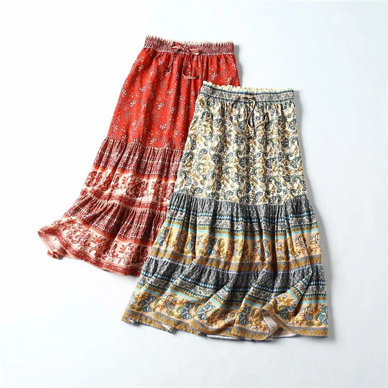

Hippie Queens women floral peacock printed High Elastic Waist beach Bohemian skirt ladies Midi A-Line Boho skirt