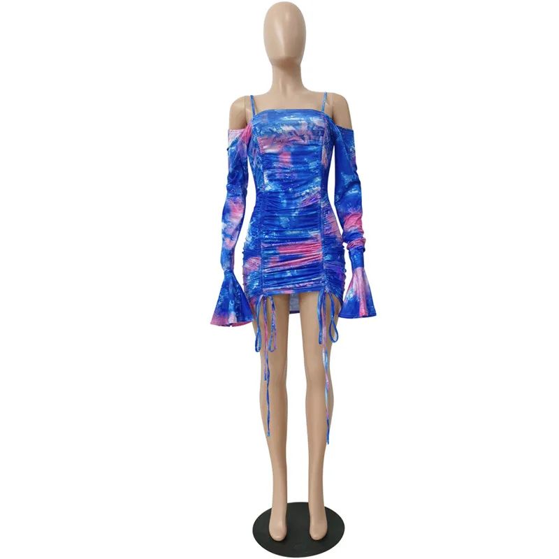 

Tie Dye Print Sexy Skinny Party Dress Women Strapless Vintage High Waist Ruched Drawstring Mini Club Dress Off Shoulder Dresses