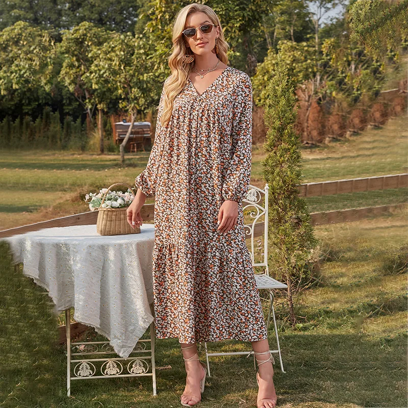 

Printed Loose Women's Dress V-neck Pullover High Waist Skirt Fashion Elegant Slim Light Mature Commuter A Line Skirt 2021 New