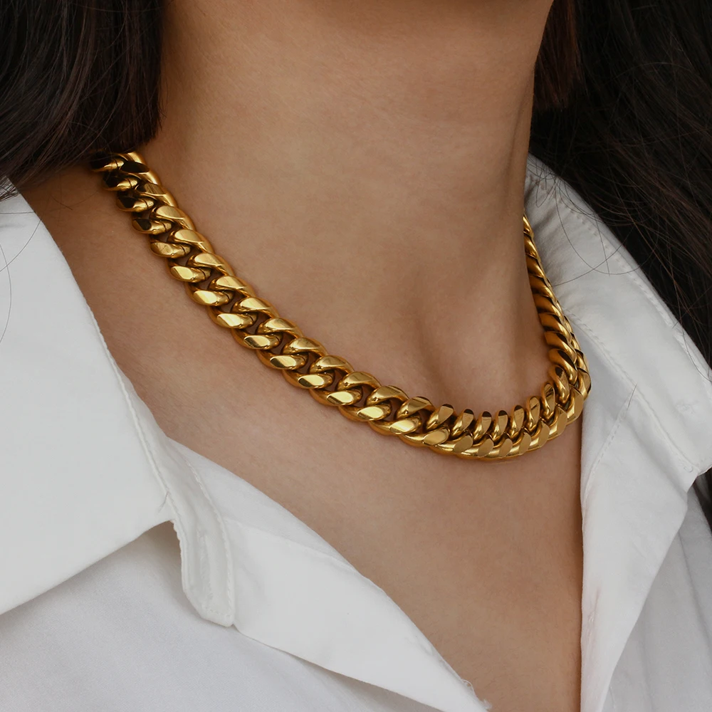 2021 New Trendy Stainless Steel 18K Gold Plated Tarnish Free Chunky Cuban Chain Necklaces For Women Hiphop