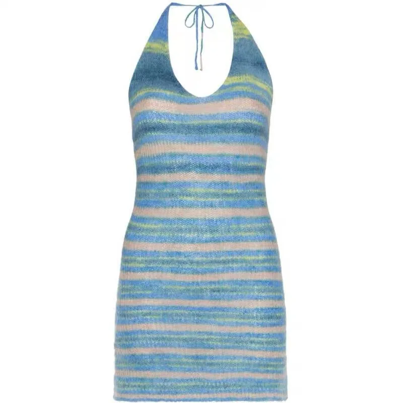 

FAKUNTN Women Summer Dress 2021 Striped Knit V-Neck Sleeveless Backless Elegant Party Mini Dresses Women Clothes Casual Vestidos