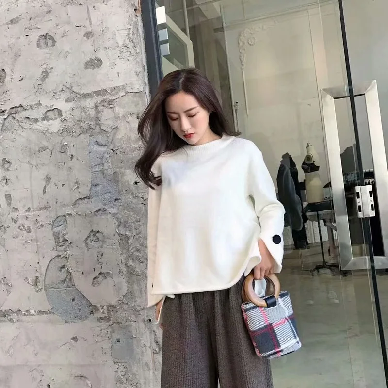 Fashion Casual Women Grey O-Neck Knitwear Jumpers Ladies 2019 Za Button Sleeve White Sweater Boyfriend Wind Knitted Pullovers | Женская