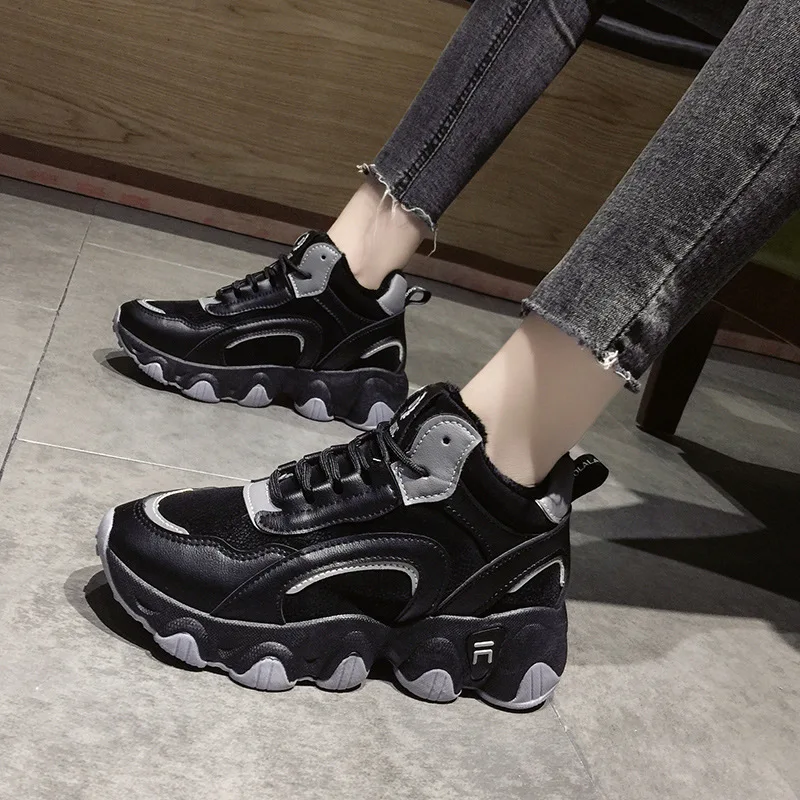

Autumn Winter New Warm Women's Chunky Sneakers Black Platform Female Running Shoes Tennis Basket Creepers Handmade Ladies Shoes