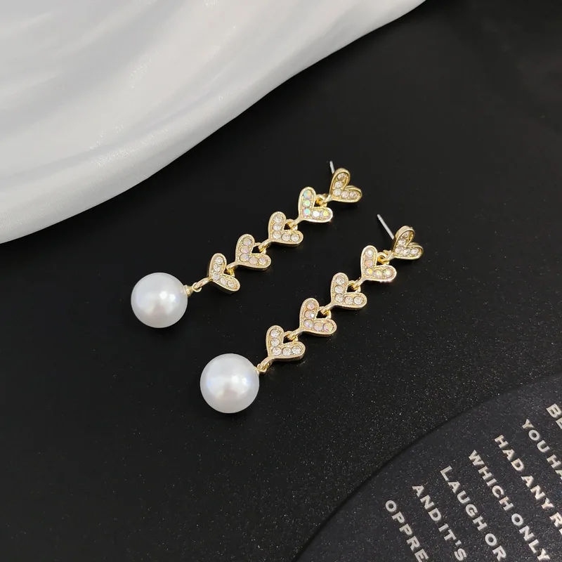 

Heart Earrings with Simulated Pearls Jewelry Niche Design Sense High Korean Trendy Elegant Style Temperament Long Earings Summer